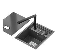 Lavello da cucina nero a vasca singola salvaspazio invisibile per bar, lavello RV per camper a vasca singola con coperchio, piccolo lavello da incasso con sifone, rubinetto multifunzione in acciaio