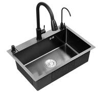 Lavello da cucina nero in acciaio inossidabile 304, grande, lavello singolo, lavello con rubinetto estraibile nero, accessori completi (60 x 45 x 20 cm)