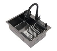 Lavello da cucina nero in acciaio inox, 60 x 45 cm, 1 bacino con rubinetto estraibile, scolapiatti, dispenser di sapone e dispenser di detersivo, antigraffio e silenzioso, moderno lavello da cucina