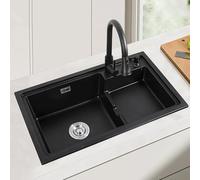 Lavello da cucina nero in materiale composito di granito, vasca singola, lavello da appoggio con accessori/dispenser di sapone e rubinetto estraibile (75 x 45 cm)