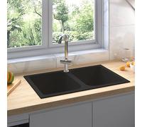 Lavello da cucina nero in quarzo e resina, 76 x 48 x 30 cm, lavello da incasso con scolapiatti e vaschetta per residui, per cucina, lavandino, lavello durevole con scarico e foro per rubinetto