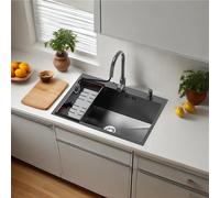 Lavello da cucina nero, lavello a vasca singola in acciaio inox, lavello da appoggio con rubinetto estraibile, con accessori multipli