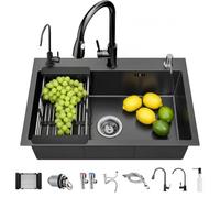 Lavello da cucina nero opaco, 304 lavello da cucina in acciaio inox, 60 x 45 cm, lavello da incasso con rubinetto, dispenser di sapone/rubinetto (60 x 45 cm)