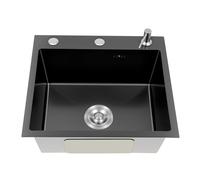 Lavello da cucina nero opaco, lavello da incasso in acciaio inox, con scolapiatti e protezione dal rumore, 50 cm, con dispenser di sapone, facile montaggio e superficie nano