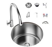Lavello da cucina rotondo in acciaio inox con una sola vasca in stile bar, stile country, con accessori/fori che supportano più metodi di installazione(38x38cm (14.9x14.9in))