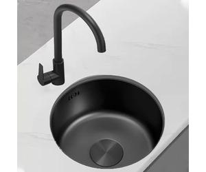 Lavello da cucina rotondo in acciaio inox nero con rubinetto acqua calda e fredda, lavabo singolo integrato, facile da pulire, ideale per uso domestico e bar