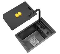 Lavello da cucina salvaspazio, 32 x 39 cm, in acciaio inox, ciotola singola con coperchio e sifone incorporato, design durevole in acciaio nero per cucine moderne