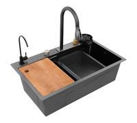 Lavello da cucina, set di lavelli per la casa, in acciaio inox con tagliere, 68 x 45 x 21 cm, 3 modalità di uscita dell'acqua, scarico destro, 2 metodi di installazione, grigio canna