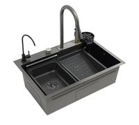 Lavello da cucina, set di lavelli per la casa, in acciaio inox con tagliere, 68 x 45 x 21 cm, 3 modalità di uscita dell'acqua, scarico destro, 2 metodi di installazione, grigio canna