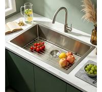 Lavello da cucina singolo da 85 x 48 cm, in acciaio inox 304, set completo con scolapiatti arrotolabile, sifone, scarico e troppopieno, adatto per montaggio sottotop o superiore, 1 vasca