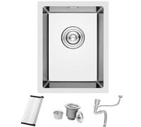 Lavello da Cucina Sottotop, Piccolo Lavello da Cucina per Camper, 35 x 45 cm, Mini a Una Vasca In Acciaio Inox da Esterno con Filtro e Kit di Troppo Pieno, Griglia Arrotolabile e sifone, Spazzolato