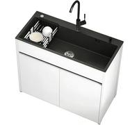 Lavello da Esterno Autoportante con Mobile per Giardino e Officina, lavabo in acciaio inox nero, corpo in alluminio alveolare con piedini regolabili, miscelatore caldo/freddo e kit di scarico inclusi