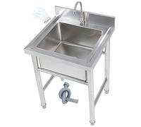 Lavello da esterno in acciaio inossidabile, lavello commerciale per ristorante, stazione singola per bar, cucina, hotel, casa, con rubinetto (50 cm x 50 cm x 80 cm)
