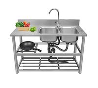 Lavello da esterno indipendente a doppia vasca con rubinetto, scolapiatti, banco da lavoro e ripiani portaoggetti - Lavello da cucina in acciaio inossidabile per lavanderia, fattoria, commer
