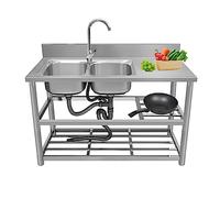 Lavello da esterno indipendente a doppia vasca con rubinetto, scolapiatti, banco da lavoro e ripiani portaoggetti - Lavello da cucina in acciaio inossidabile per lavanderia, fattoria, commer