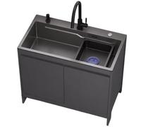 Lavello da Esterno Nero Spazzolato 68cm con Mobiletto, Lavandino da Giardino Freestanding Impermeabile in Acciaio Inox con Accessori, Per Giardino, Cantina e Lavanderia
