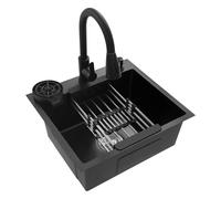 Lavello da incasso in acciaio inox, colore nero, 45 x 50 cm, con rivestimento nano-rivestito con doccetta e lavastoviglie - incluso scolapiatti, dispenser di sapone, design a X