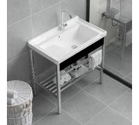 Lavello Da Lavanderia In Ceramica Indipendente Con Set Di Assi For Lavare, Lavello Da Cucina Con Supporto For Gambe In Acciaio Inossidabile, Kit Di Scarico(Silver,81cm)