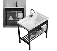 Lavello Da Lavanderia In Ceramica Indipendente Con Set Di Assi For Lavare, Lavello Da Cucina Con Supporto For Gambe In Acciaio Inossidabile, Kit Di Scarico(Black A,61cm)
