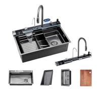 Lavello de Cucina 75 × 45 cm, Lavello Multifunzionale 1 Vasca con Rubinetto e Cascata, Lavandino da Cucina con Display Digitale a LED, Acciaio Inox, Tagliere, Scolapiatti e Accessori