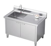 Lavello di servizio in acciaio inox 304 con mobiletto, lavello da cucina autoportante con rubinetto singolo per acqua fredda e tappo di scarico da 10 cm, lavello da,Right Worktop-120*60*80cm