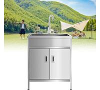 Lavello di Utilità con Armadio, Vasca Singola in Acciaio Inossidabile Autoportante, Lavello di Utilità Esterna, con Rubinetto del Tubo dell'Acqua Fredda E Ca, Hot And Cold Faucet, 65x45x80cm