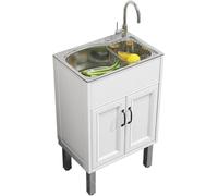 Lavello di Utilità per Lavanderia Lavello per Lavanderia con Armadietto Lavello da Restauro Commerciale A Vasca Singola Autoportante Lavabo per Lavaggio di Facile Inst, White+White, 59 * 44 * 75cm