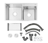 Lavello doppio in acciaio inox 78 x 43 x 21 cm - Sottolavello e lavello da incasso con scolapiatti e isolamento acustico (2 vasche 35 x 35 cm/30 x 30 cm) - Con piletta di scarico e X-Drain per