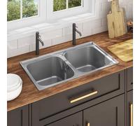 Lavello doppio in acciaio inox, extra profondo, con colino e sifone, resistente ai graffi, design salvaspazio per padelle grandi