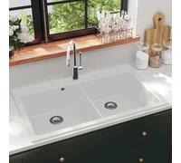 Lavello doppio in granito, bianco, 860 x 510 mm, extra profondo, antigraffio, resistente al calore fino a 280 °C, con cestello di scarico, ideale per cucina, lavanderia, uso flessibile
