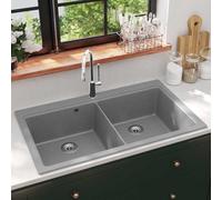 Lavello doppio in granito grigio in 80% quarzo, 860 x 510 mm, lavello da incasso con scolapiatti e scarico, resistente al calore fino a 280 °C, antigraffio, per cucina e lavanderia