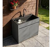 Lavello Giardino con Vano, Autoportante, 65/80cm | Acciaio inox, mobile alluminio, miscelatore, scolapiatti, tubo scarico. Grigio. Esterno(L:80cm)