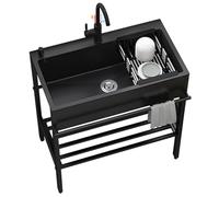 Lavello in acciaio inossidabile 304 con 1 scomparto autoportante, 68 x 45 x 85 cm lavello da ristorante commerciale con rubinetti freddi e caldi, lavabo Nero