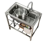 Lavello in acciaio inossidabile con vasca singola, profondità 22 cm/8,7", con rubinetto acqua calda e fredda a 360° e cestello di scarico, stazione di lavaggio for interni/esterni