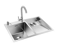 Lavello in Acciaio Inossidabile, Lavello da Balcone, Lavello da Incasso a Doppia Vasca, Lavello Manuale per Uso Domestico, con Lavabo, Gruppo di Scarico, Rubinetto (70 * 48 * 21 cm)