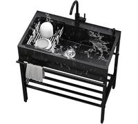 Lavello in acciaio inossidabile nero 68 cm, lavabo indipendente, vasca singola, stazione di lavaggio con rubinetto, per garage, ristorante, lavanderia, esterno