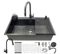 Lavello in acciaio inossidabile nero 85x50cm, 1 vasca con rubinetto da cucina estraibile, grande lavello in acciaio inossidabile per cucina e bar, con scolapiatti per stoviglie, dispenser sapone