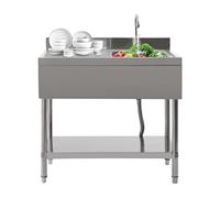 Lavello in acciaio inox a 1 secchio (a destra) con base rialzata di 100 x 60 x 80 cm, lavello da cucina, 1 cesto colapasta e 1 tubo di scarico per la casa ristoranti bagni