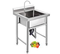 Lavello in Acciaio Inox Autoportante 1 Vasca, Lavandino Commerciale con Rubinetto Lavello da Cucina Professionale per Cucina, Ristorante, Bar, Caffè, Garage, Interno e Esterno,60×60×80 cm