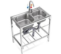 Lavello in acciaio inox con gambe in acciaio indipendenti, lavello multiuso con tavolo da lavoro e rubinetto miscelatore caldo/freddo per interni ed esterni, 80 cm