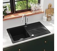 Lavello in granito antigraffio con sgocciolatoio, reversibile, nero, resistente al calore fino a 280 °C, con cestello e tappo cieco