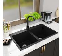Lavello in granito doppio lavello da cucina a incasso, sifone lavello Elle 2.0, nero metallizzato
