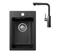 Lavello in granito nero 30x45 cm con rubinetto, lavello compatto per cucine piccole, lavello da cucina con rubinetto estraibile girevole a 360°, 2 tipi di getto