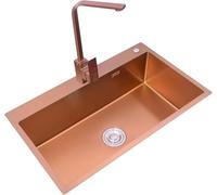 Lavello in Oro Rosa Lavello A Vasca Singola in Acciaio Inossidabile Lavello Singolo da Appoggio Grande con Rubinetto Quadrato Lavello da Cucina Fatto A Mano Profondo 21 Cm, Rose Gold, 75 * 45 * 21cm