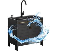 Lavello indipendente, Rubinetto for lavello multiuso da esterno in acciaio inossidabile con vasca singola incluso, dimensioni multiple nere(Faucet C,68x45x80cm)