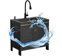 Lavello indipendente, Rubinetto for lavello multiuso da esterno in acciaio inossidabile con vasca singola incluso, dimensioni multiple nere(Faucet a,60x45x80cm)