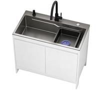 Lavello industriale con mobile grigio scuro, acciaio | Qualità durevole per officina e cantina; Kit completo con rubinetto, tubo di scarico, troppopieno e ripiano
