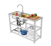 Lavello industriale in acciaio inox con 2 vasche, autoportante, per ristoranti, 120 cm, con scolapiatti e rubinetto, lavello per gastronomia con piano di lavoro e ripiani