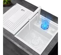 Lavello Invisibile Bianco Lavello da Cucina con Coperchio Lavello da Bar con Lavatazze Rubinetto Sollevabile Lavello Singolo da Cucina Lavello in Acciaio Inox Bianco