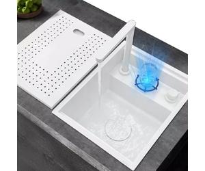 Lavello Invisibile Bianco Lavello da Cucina con Coperchio Lavello da Bar con Lavatazze Rubinetto Sollevabile Lavello Singolo da Cucina Lavello in Acciaio Inox Bianco